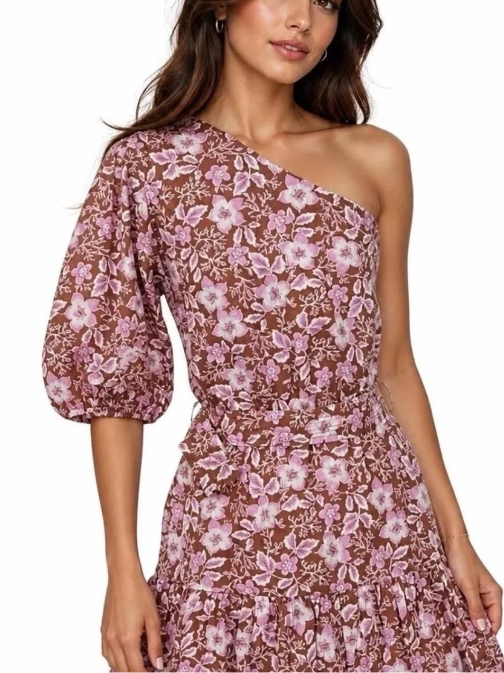 Jason Wu One-Shoulder Floral Midi Dress in Brown and Pink